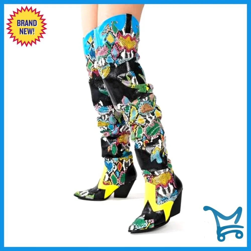 Thigh High Cowboy Boots with Chunky Heel, Slip Resistant, Faux Snakeskin